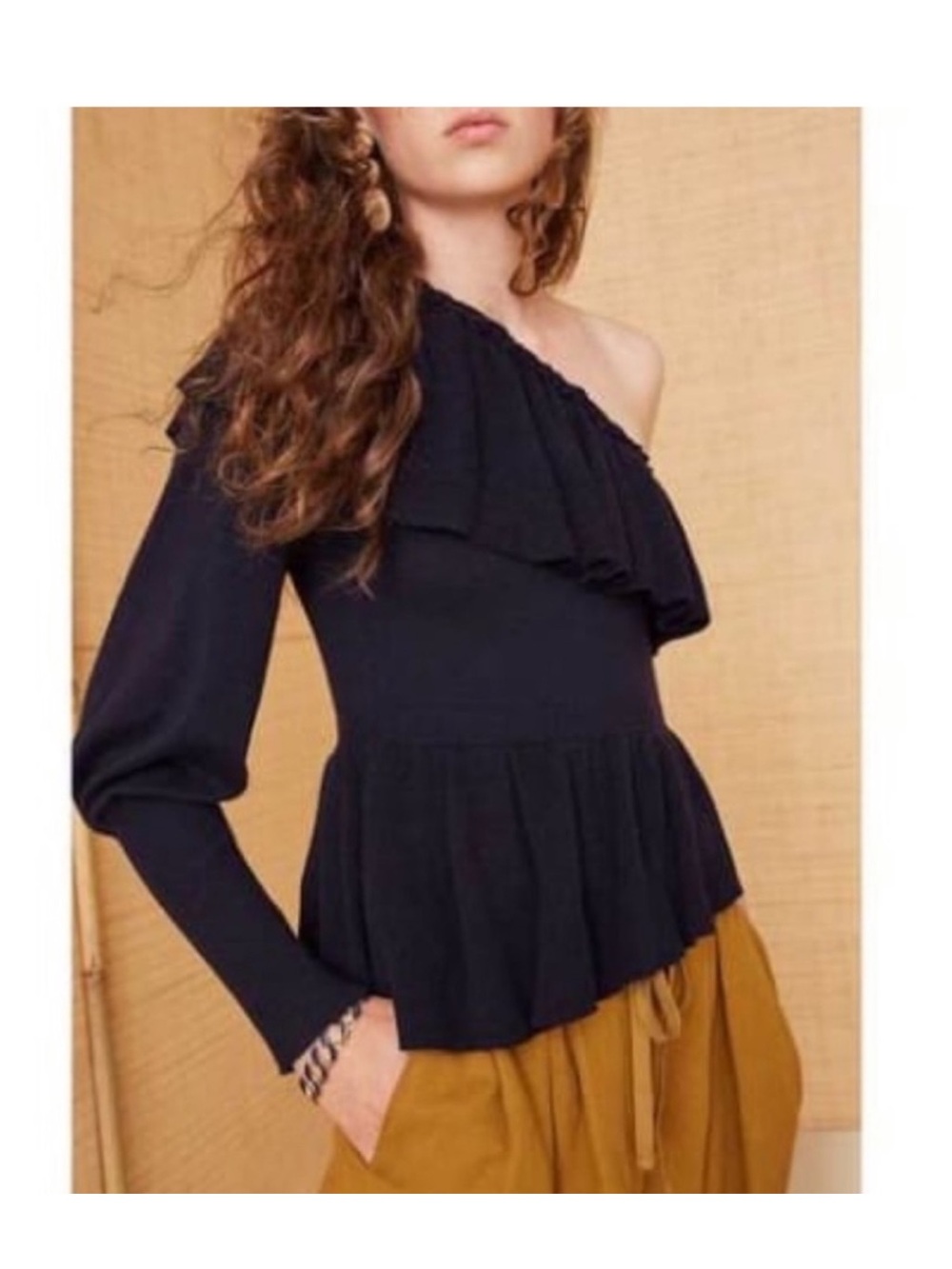 Ulla Johnson Eden Cotton Cashmere One Shoulder Ruffle Sweater | Navy | XS
